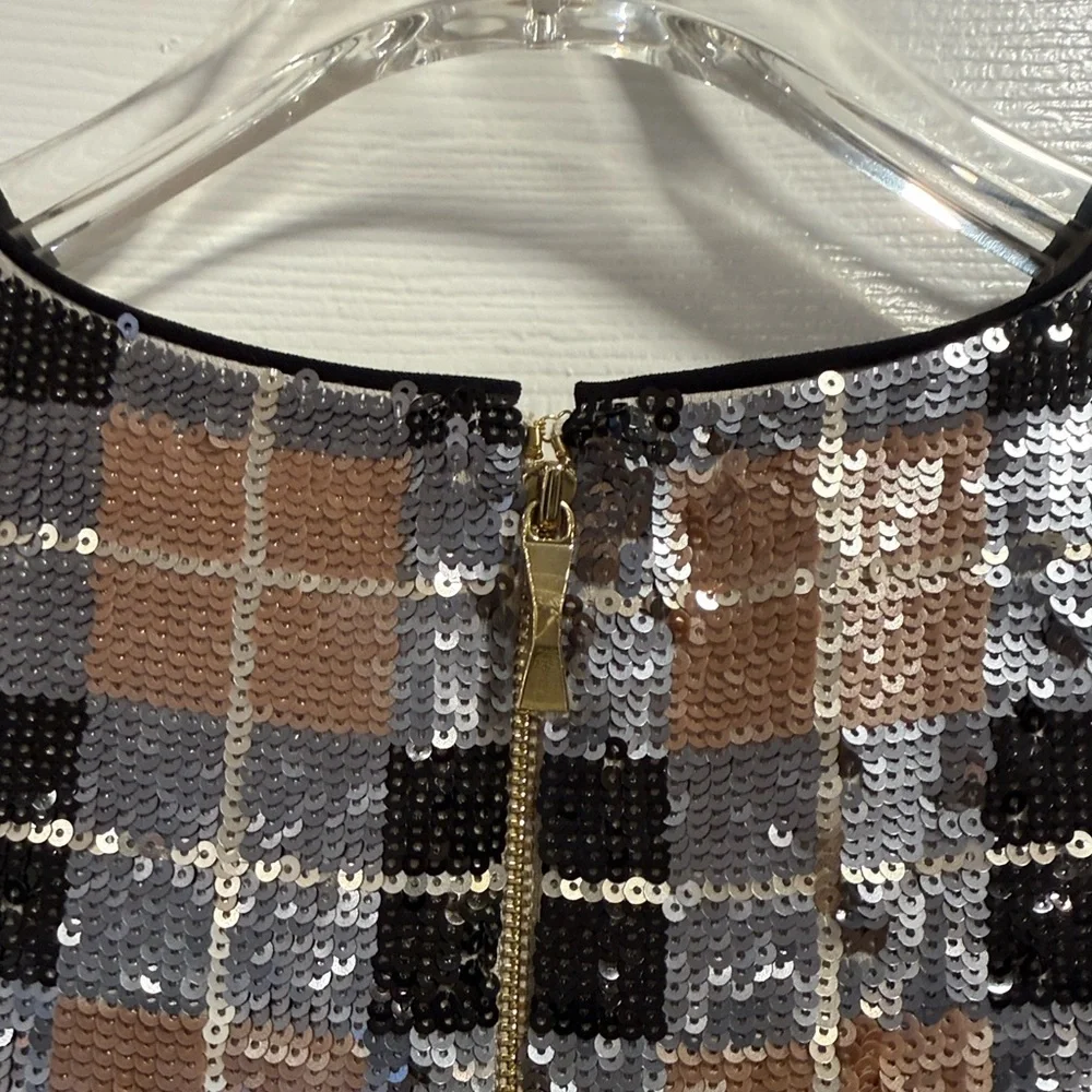 *Kate Spade Sequin Plaid Shift Dress Pumice 6 V Neck Short Sleeve Mini | AT 728
